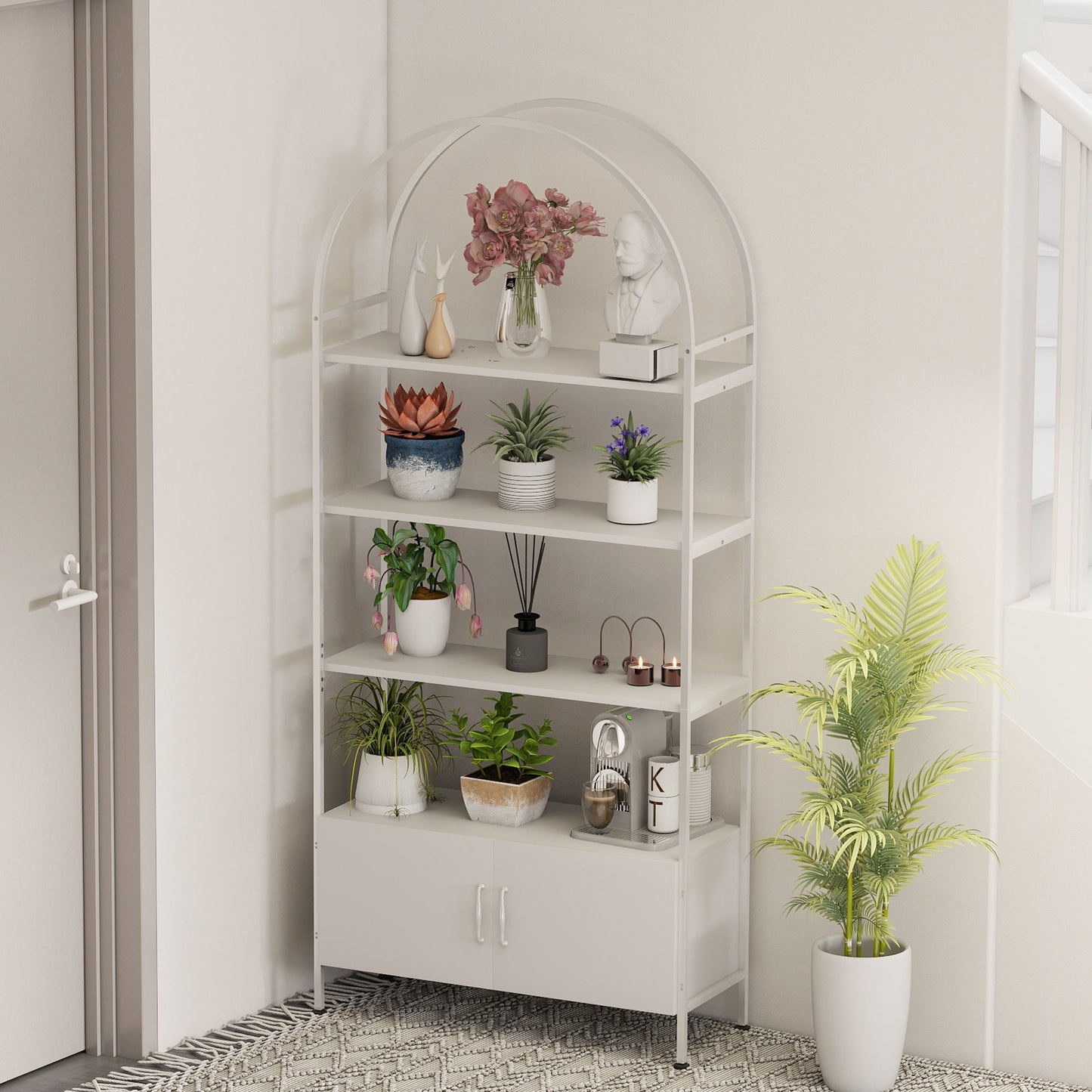 4-Tier Arched Shelving Unit with Cabinet, Bookshelf for Living Room, Office, 31.5" x 11.8" x 73.6", White