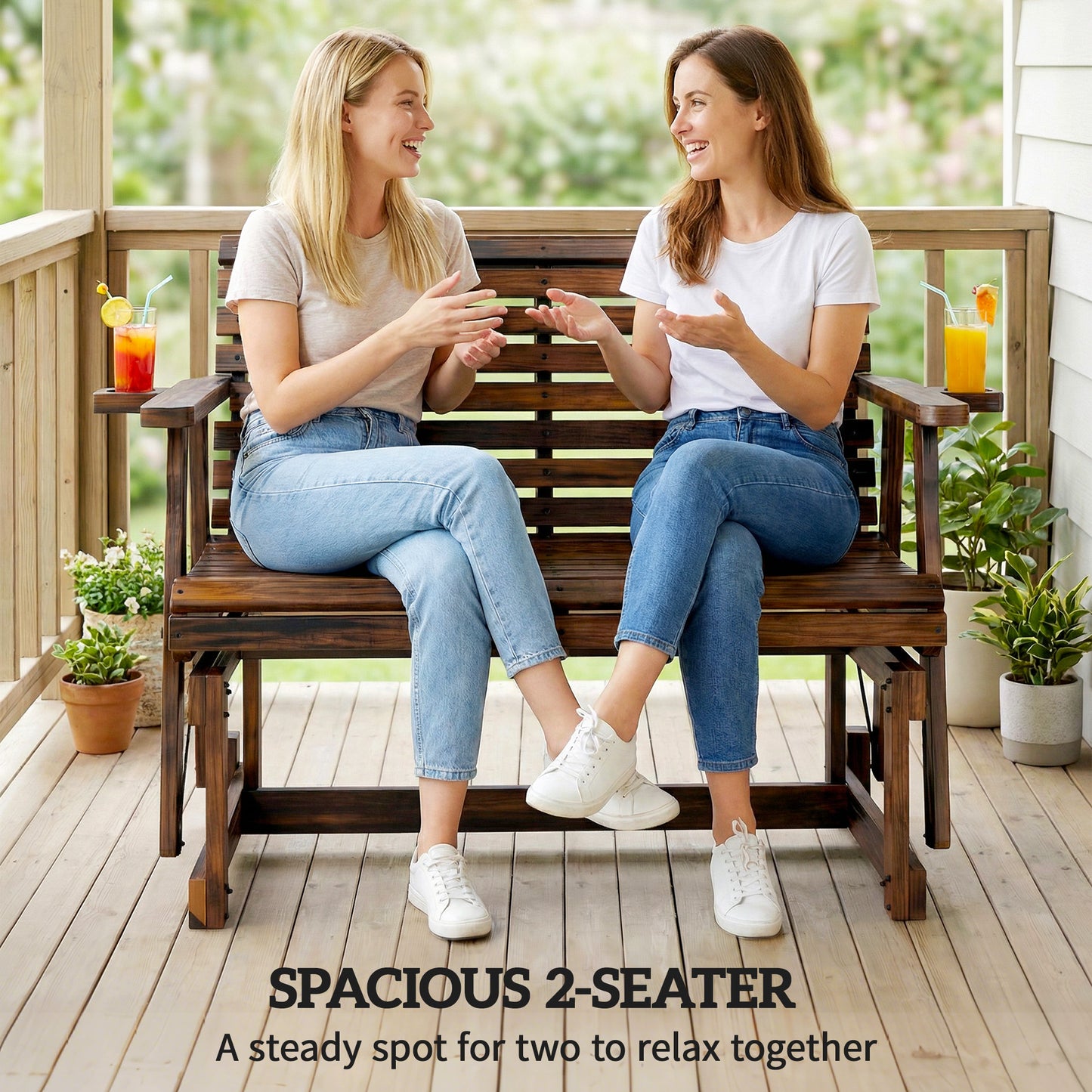 Outdoor Glider Bench, Wooden Glider Chair with 2 Cupholders, Slatted Seat and Armrests, Patio Swing Rocking Loveseat