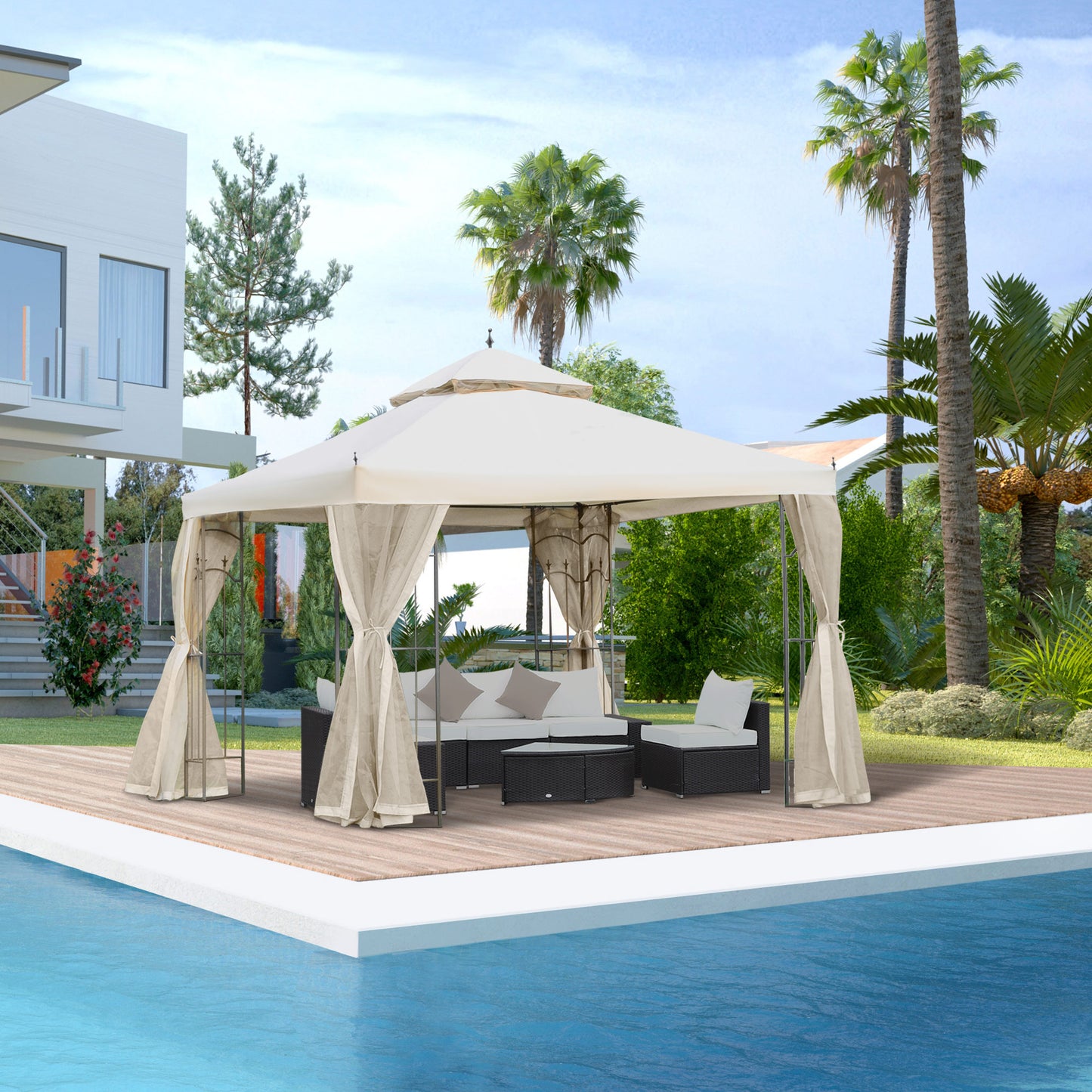 10' x 10' Steel Outdoor Patio Gazebo Canopy with Removable Mesh Curtains, Display Shelves, & Steel Frame, Beige