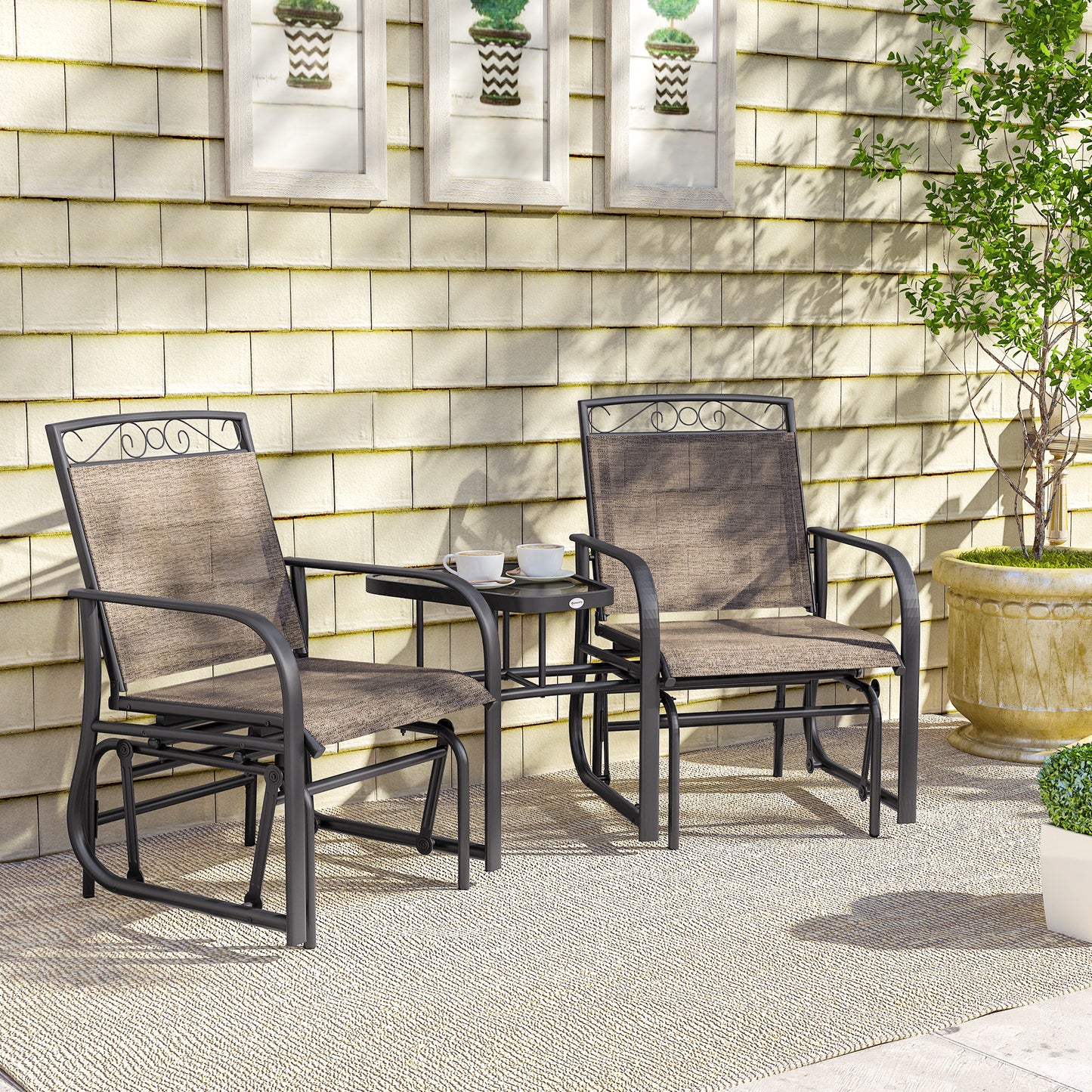 Outdoor Glider Bench with Coffee Table, Patio 2-Seat Rocking Chair Swing Loveseat with Breathable Sling for Backyard Garden Porch, Black