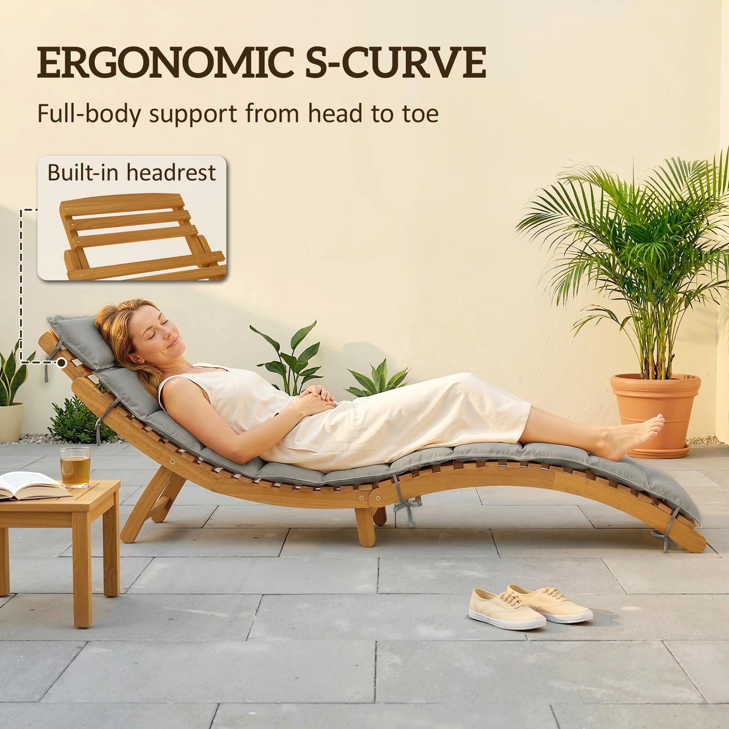 Folding Chaise Lounge Chair Outdoor, Acacia Wood Lounger Tanning Chair with Cushion, Headrest, Light Grey