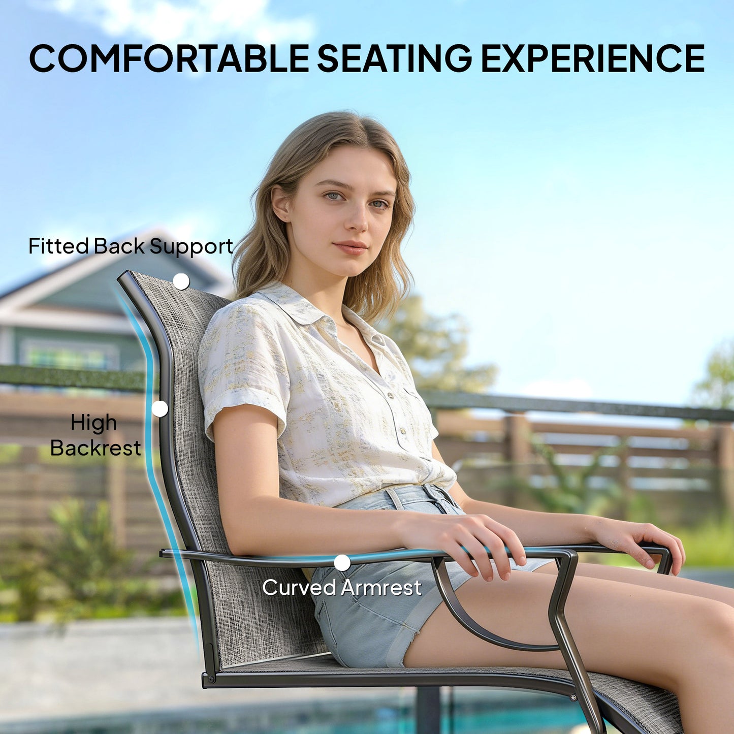 C Spring Motion Patio Chairs Set of 2 with Curved High Backrest, Armrest, All Weather Breathable Fabric, Metal Frame
