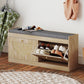 Shoe Bench with Flip Doors, Seat Cushion, Adjustable Shelves for 8 Pairs, Boho Entryway Bench for Bedroom, Natural Wood