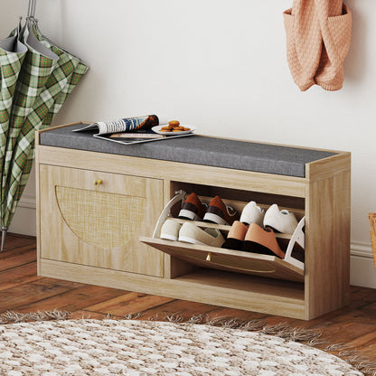 Shoe Bench with Cushion & Flip Doors - Natural Wood