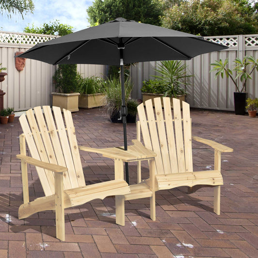 2 Piece Pair Wood Adirondack Chair Porch Tete-A-Tete Bench Two Seater w/ Middle Table Reclined Wooden Umbrella Hole, Natural