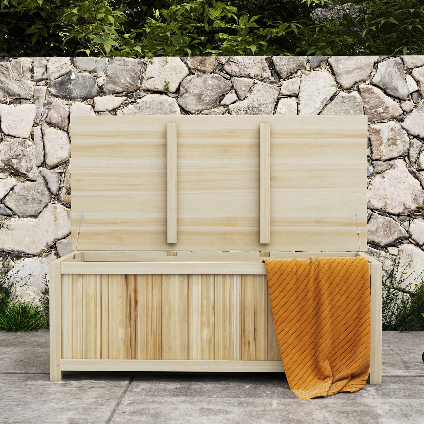 45 Gallon Wooden Storage Box patio Deck Box Bench, Garden Backyard Outdoor Storage Container, Natural