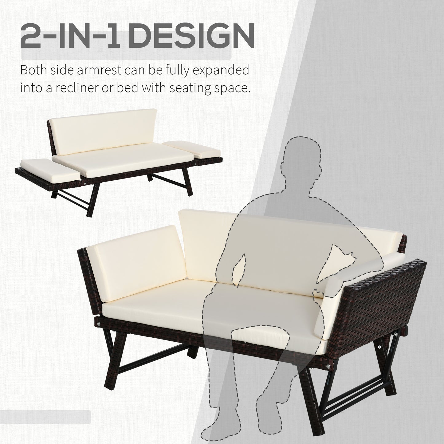 Convertible Rattan Sofa Bed Chaise Lounge Wicker Loveseat Armchair Double Seat with Cushion All Weather Patio Furniture Brown