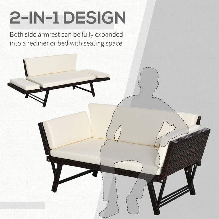 Brown Convertible Rattan Sofa Bed Chaise Lounge