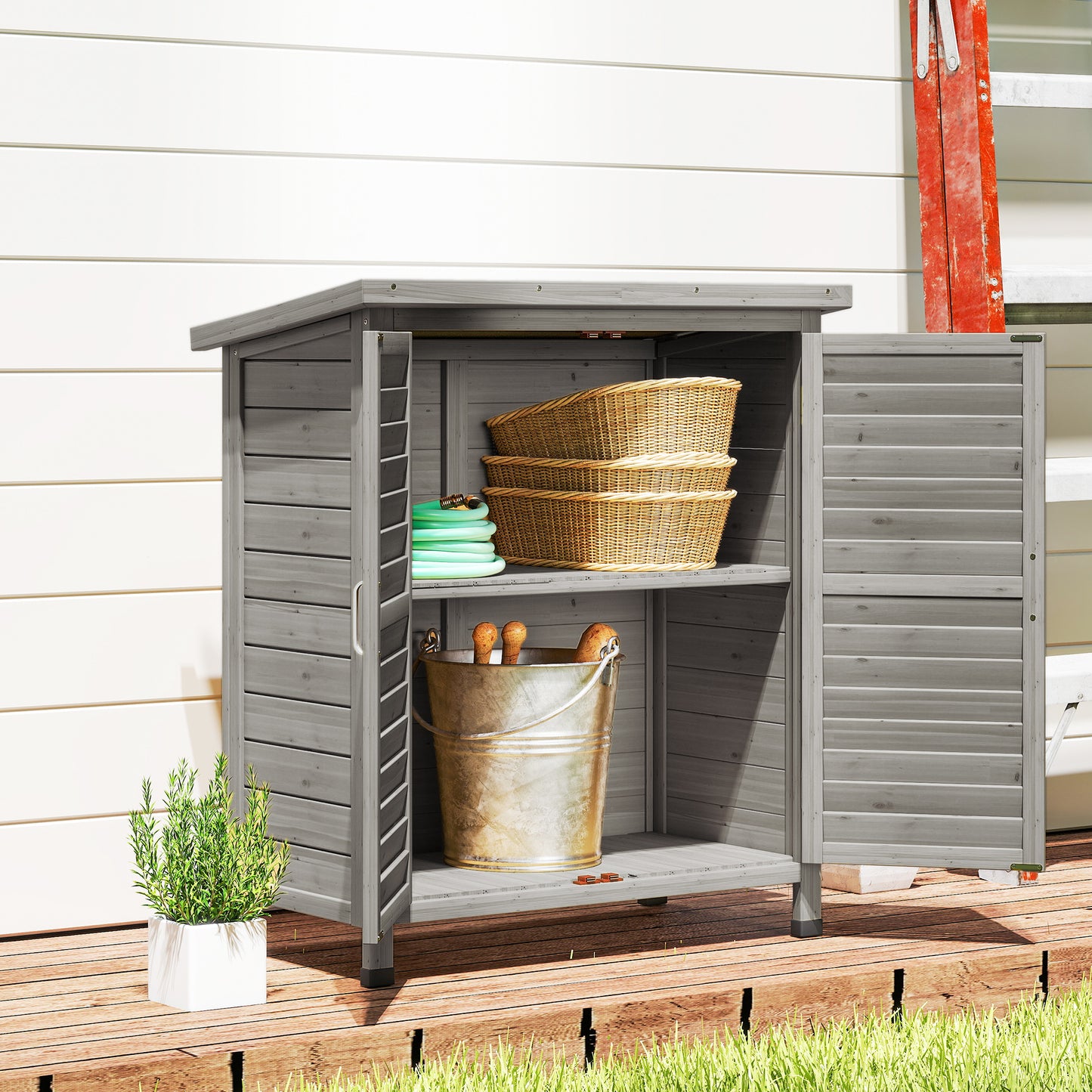 Wooden Garden Storage Shed Kit Wood Garage Tool Organisation Cabinet with 2 Door , 34" x 18" x 38", Grey
