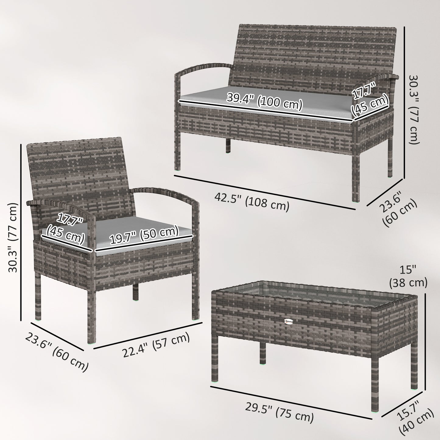 4 Pieces Patio Furniture Set with A Loveseat, Two Armchairs and A Coffee Table, Outdoor Conversation Set, Light Grey