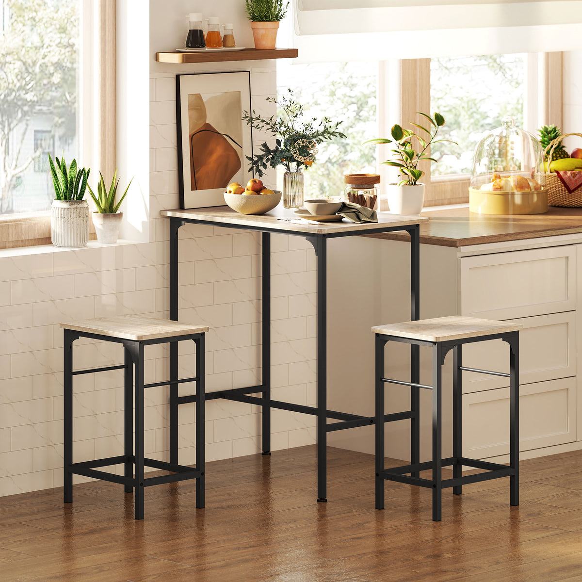 3-Piece Dining Table Set for 2, Bar Table and 2 Stools for Kitchen, Living Room, Dining Room, Small Space, Natural Wood