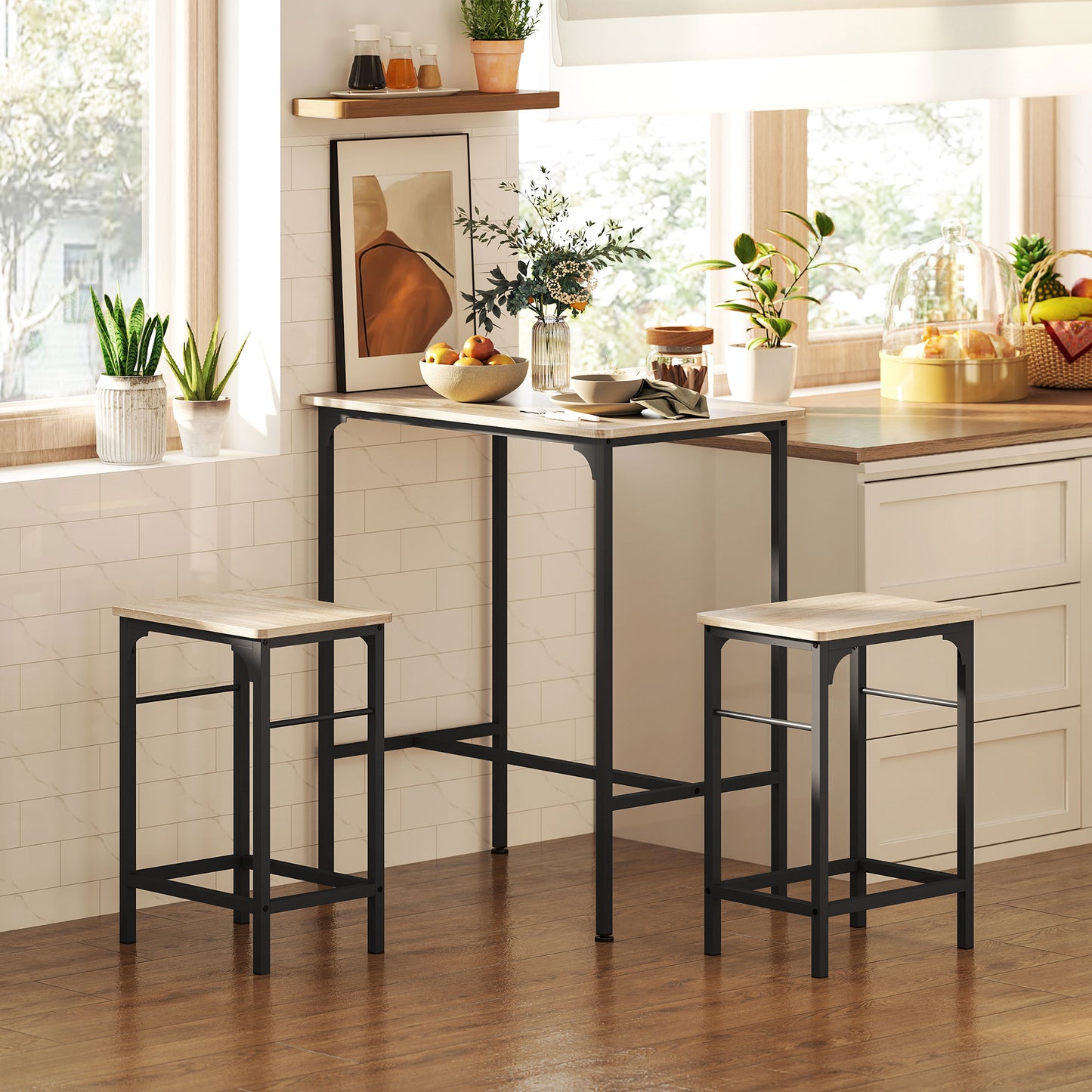3-Piece Dining Table Set for 2, Bar Table and 2 Stools for Kitchen, Living Room, Dining Room, Small Space, Natural Wood