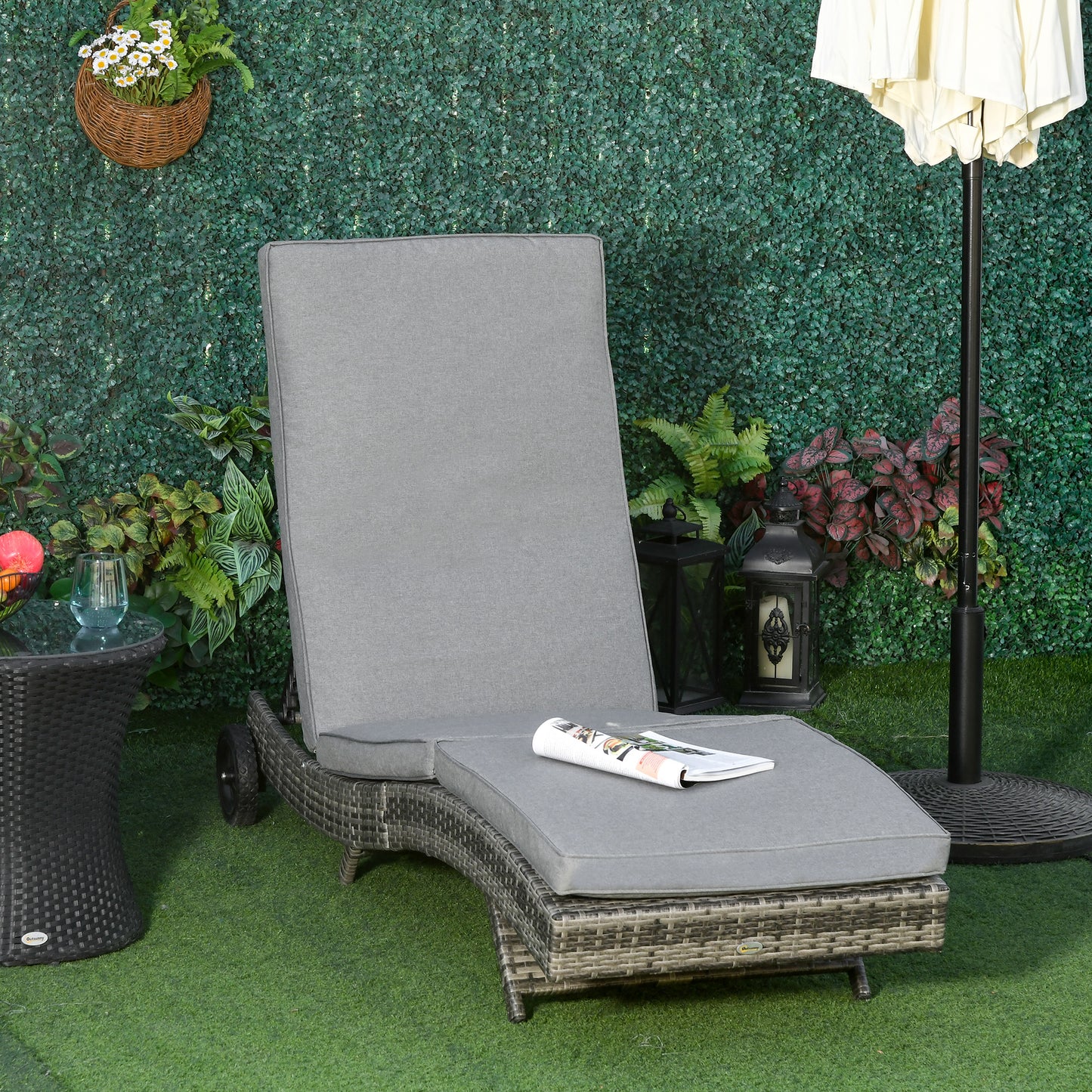 Outdoor Adjustable Wicker Chaise Lounge Chair with Cushion & Wheels for Patio, Deck, Poolside, Grey