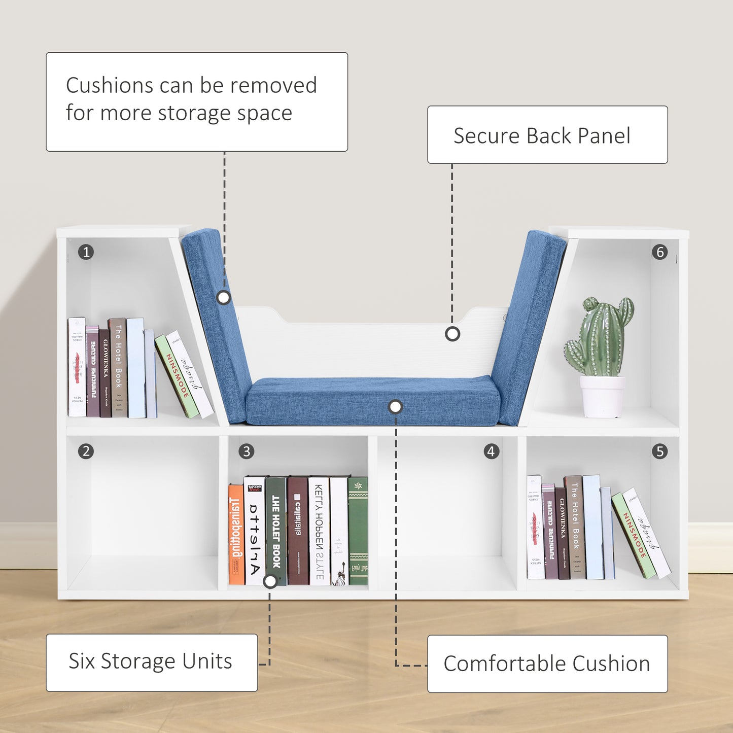 6-Cubby Bookcase with Seat Cushion, Cube Storage Shelf with Reading Nook for Home Office, Study, Blue