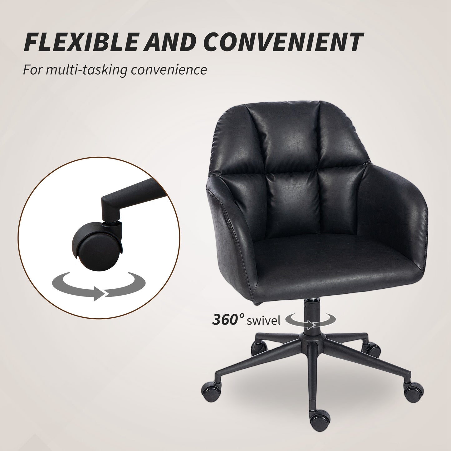 Swivel Office Chair, Faux Leather Desk Chair with Adjustable Height for Living Room, Bedroom, Study, Black