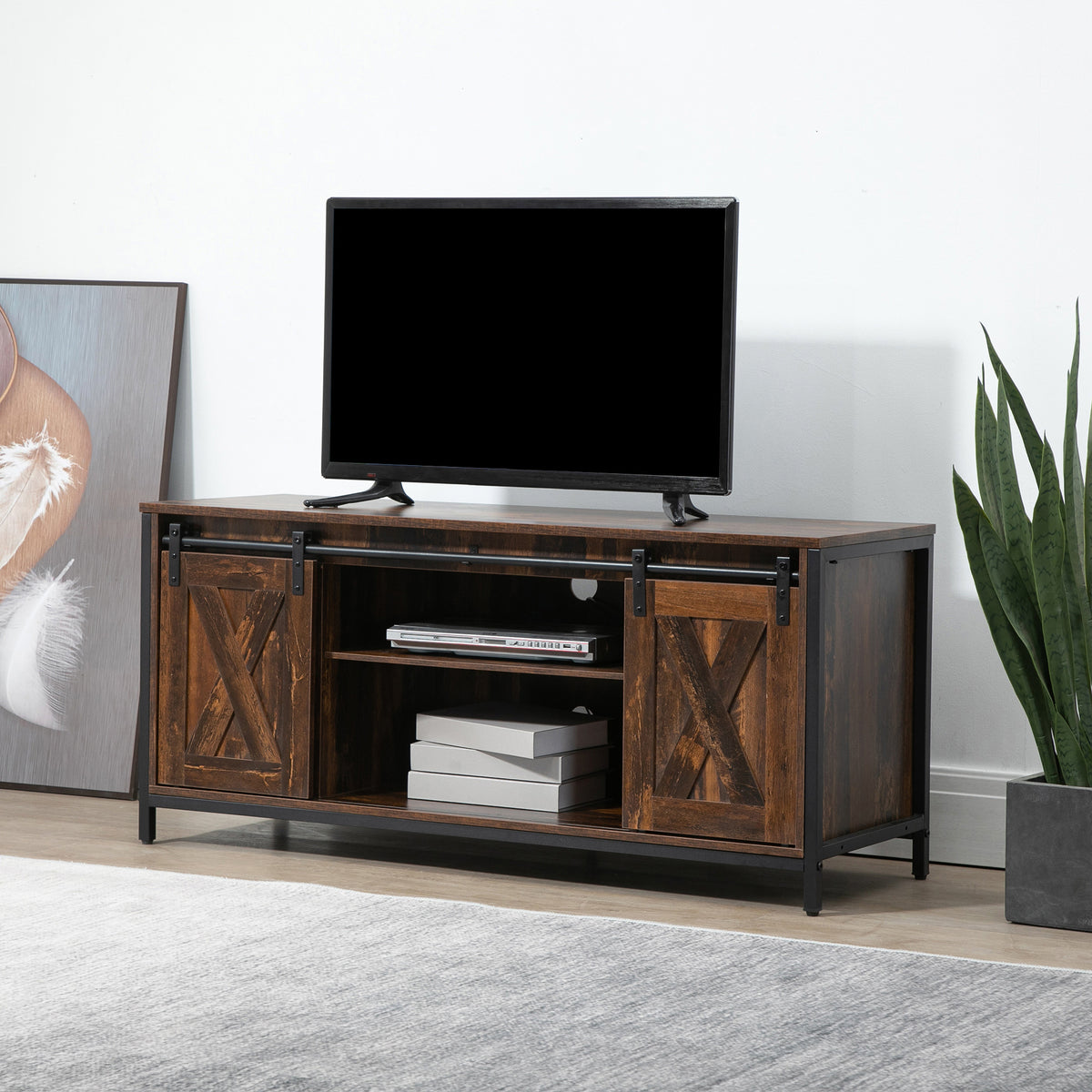 Industrial TV Stand for TVs up to 60", TV Console with Storage and 2 Sliding Barn Doors, Freestanding Entertainment Unit for Living Room, Bedroom, Brown