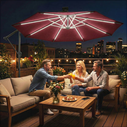 10' Wine Red Offset Umbrella with Solar Light & 360° Rotation