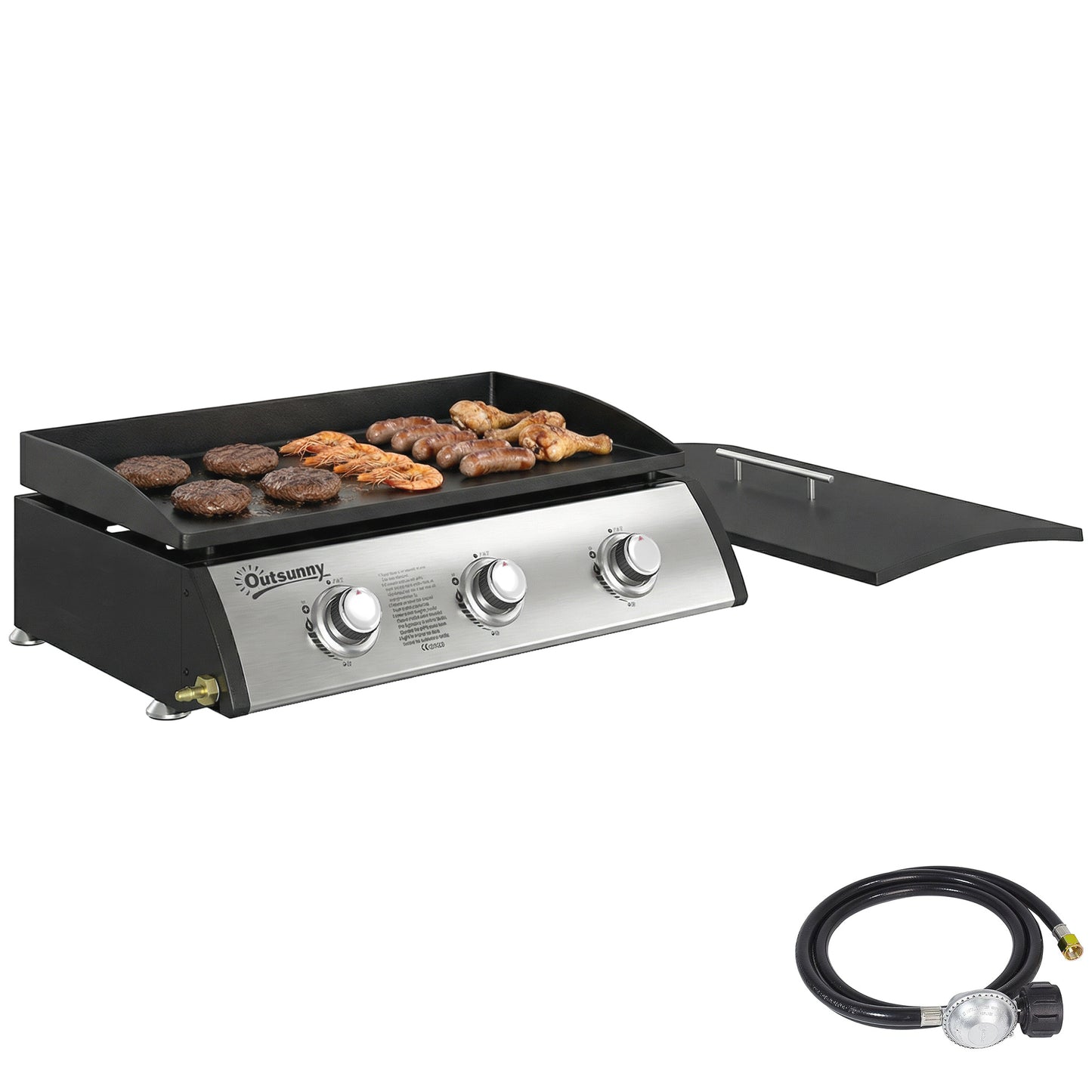 Propane Gas Grill with 3 Main Burners, 8530 BTU Outdoor BBQ Grill Cart with Non-Stick Griddle and Lid, Black