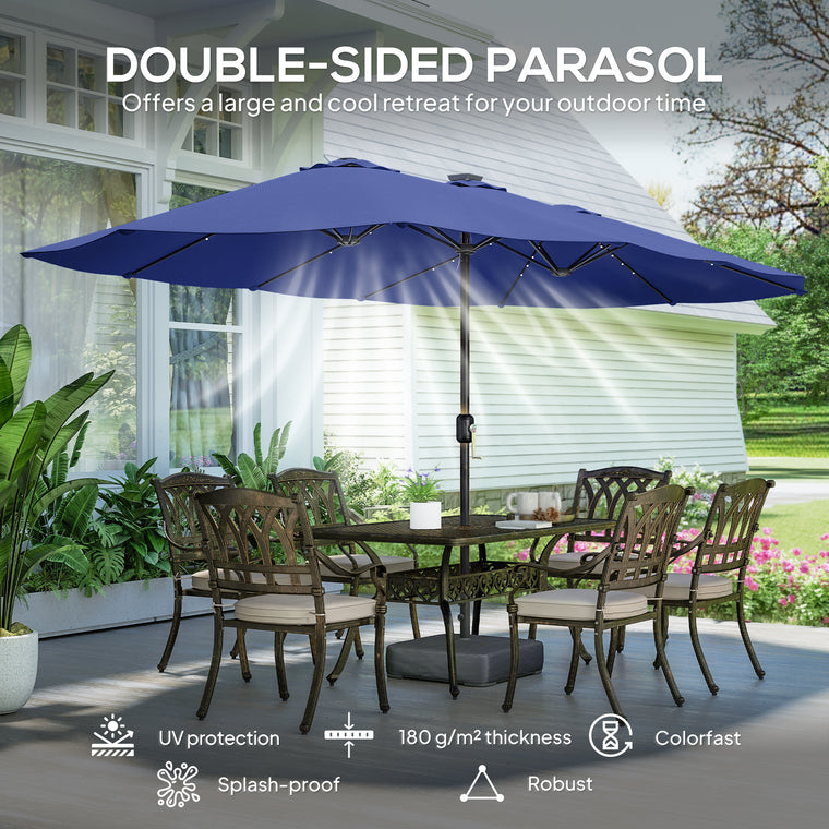 15' Dark Blue Double-Sided Umbrella with Base & 48 LED Lights