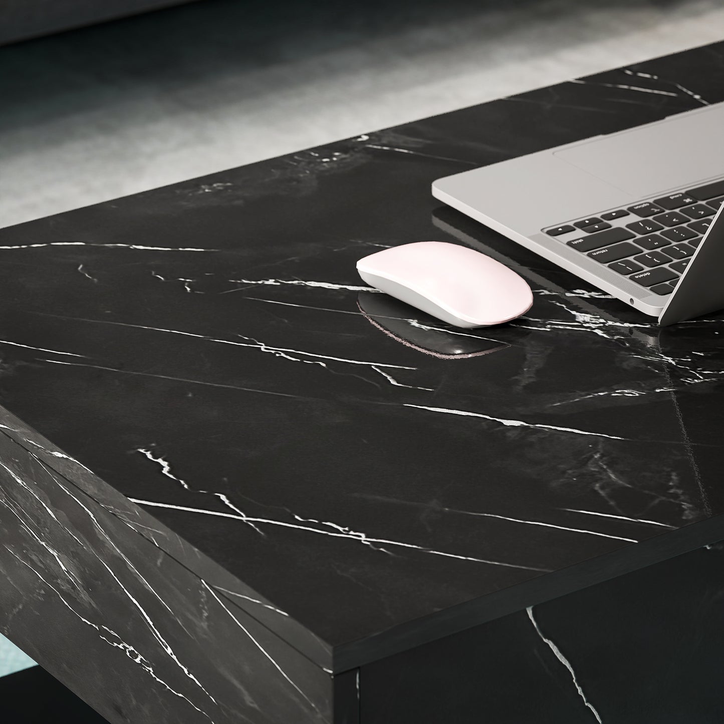 Coffee Table with Adjustable LED Lights, Center Table with 2 Drawers, Open Shelf, Remote, High Gloss Marble-Effect Black