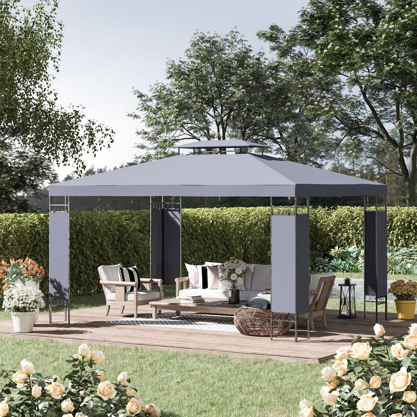 10' x 13' Outdoor Gazebo, Double Roof Patio Gazebo Canopy Shelter with Screen Decorate Corner Frame, Grey