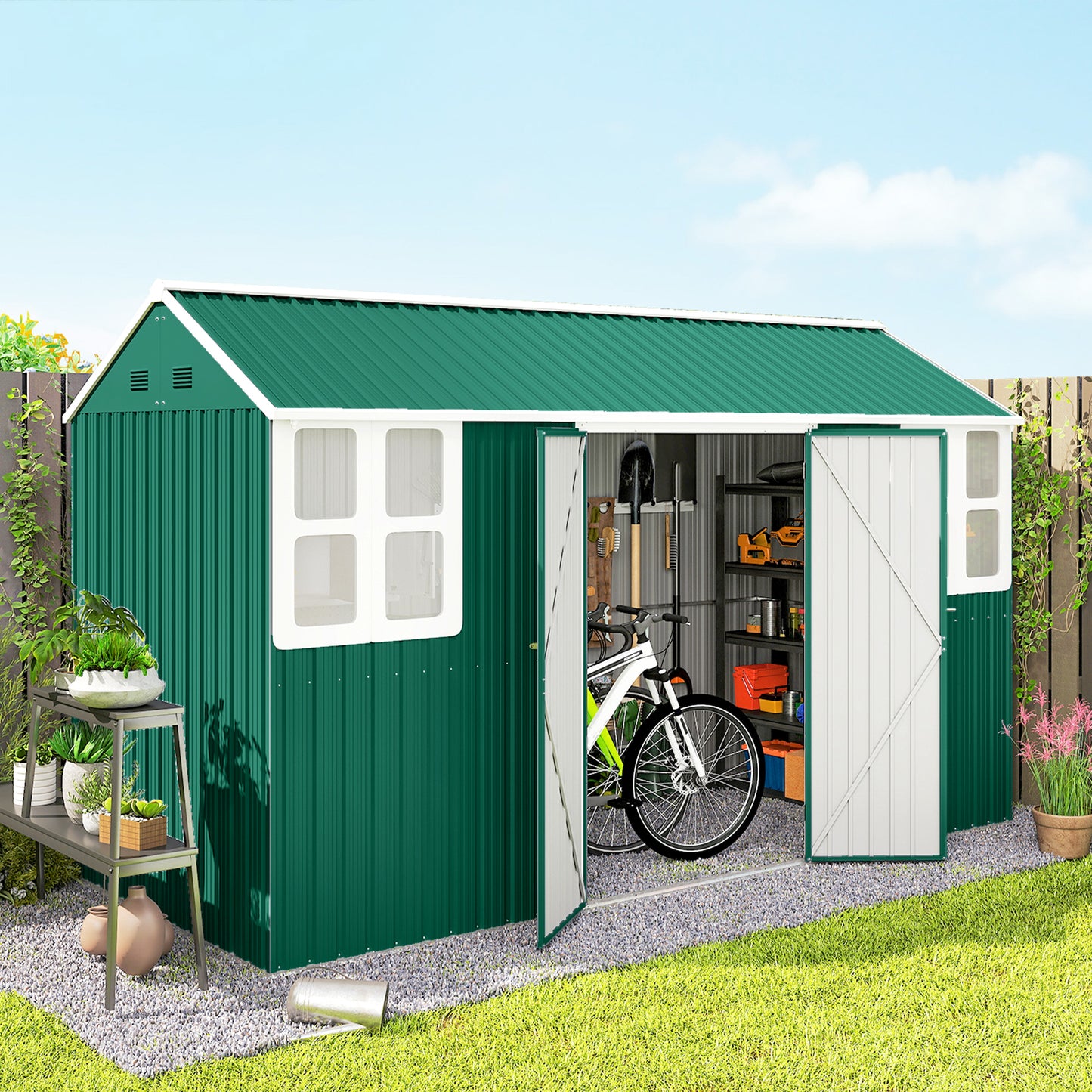 Metal Garden Storage Shed, Outdoor Tool Storage House with Lockable Door, Vents, Sloped Roof, Light Grey - 12' x 5.5'