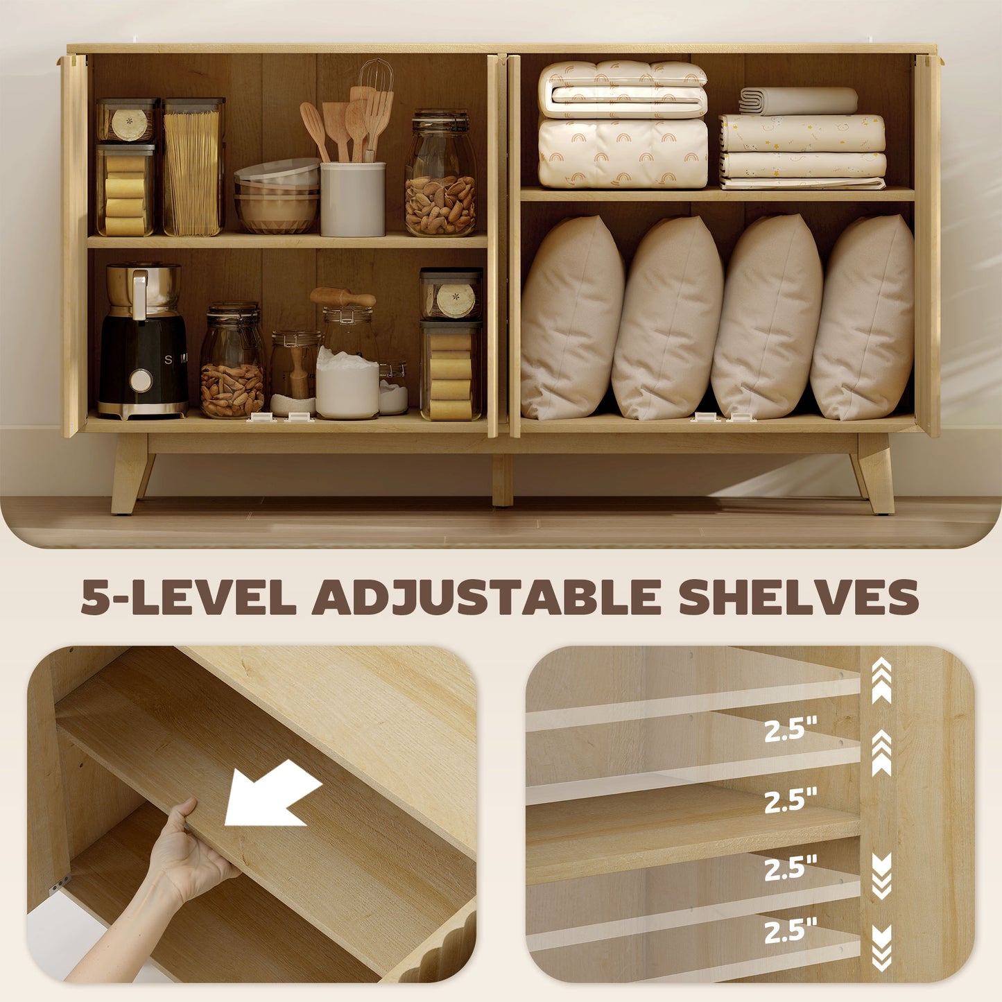 Fluted Sideboard Buffet Cabinet, 55" Coffee Bar Cabinet with 4 Doors, 2 Adjustable Shelves, 5 Wood Legs, Nature Wood