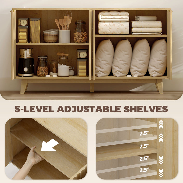 55" Fluted Sideboard Buffet Cabinet with 4 Doors - Natural Wood