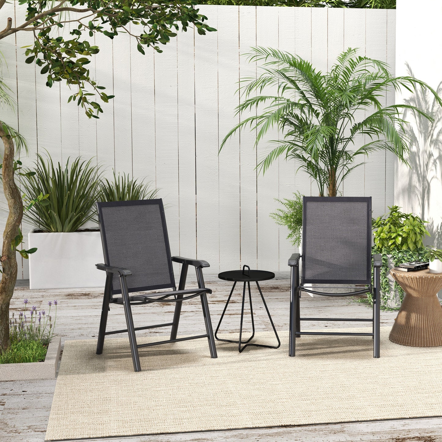 2-Piece Folding Chair Set for Relaxing on Patio Balcony Garden, Comfortable Outdoor Furniture with Armrests, Dark Grey
