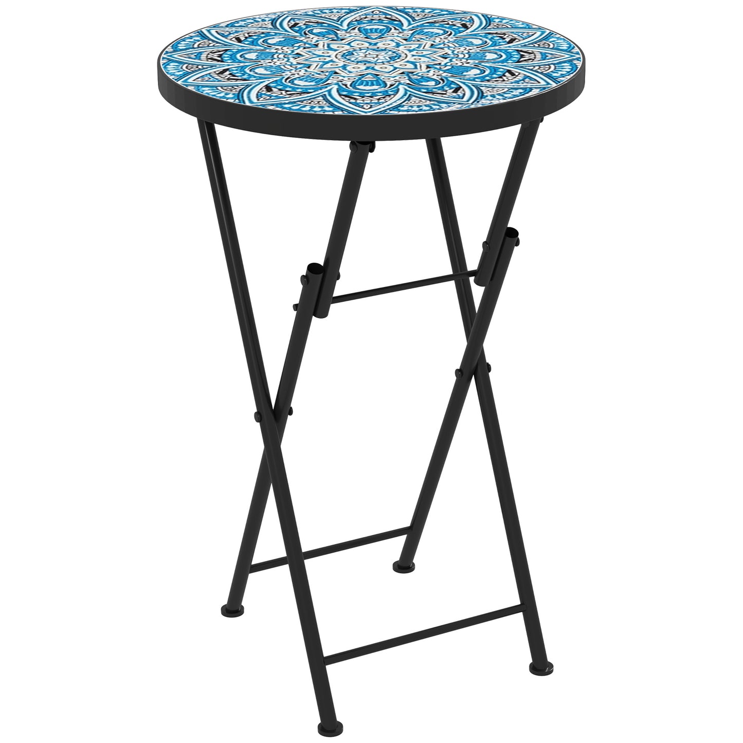 Mosaic Outdoor Patio Side Table, 14" Round Folding Outdoor Coffee Table with Steel Frame for Balcony Deck Patio Terrace, Mixed Colour