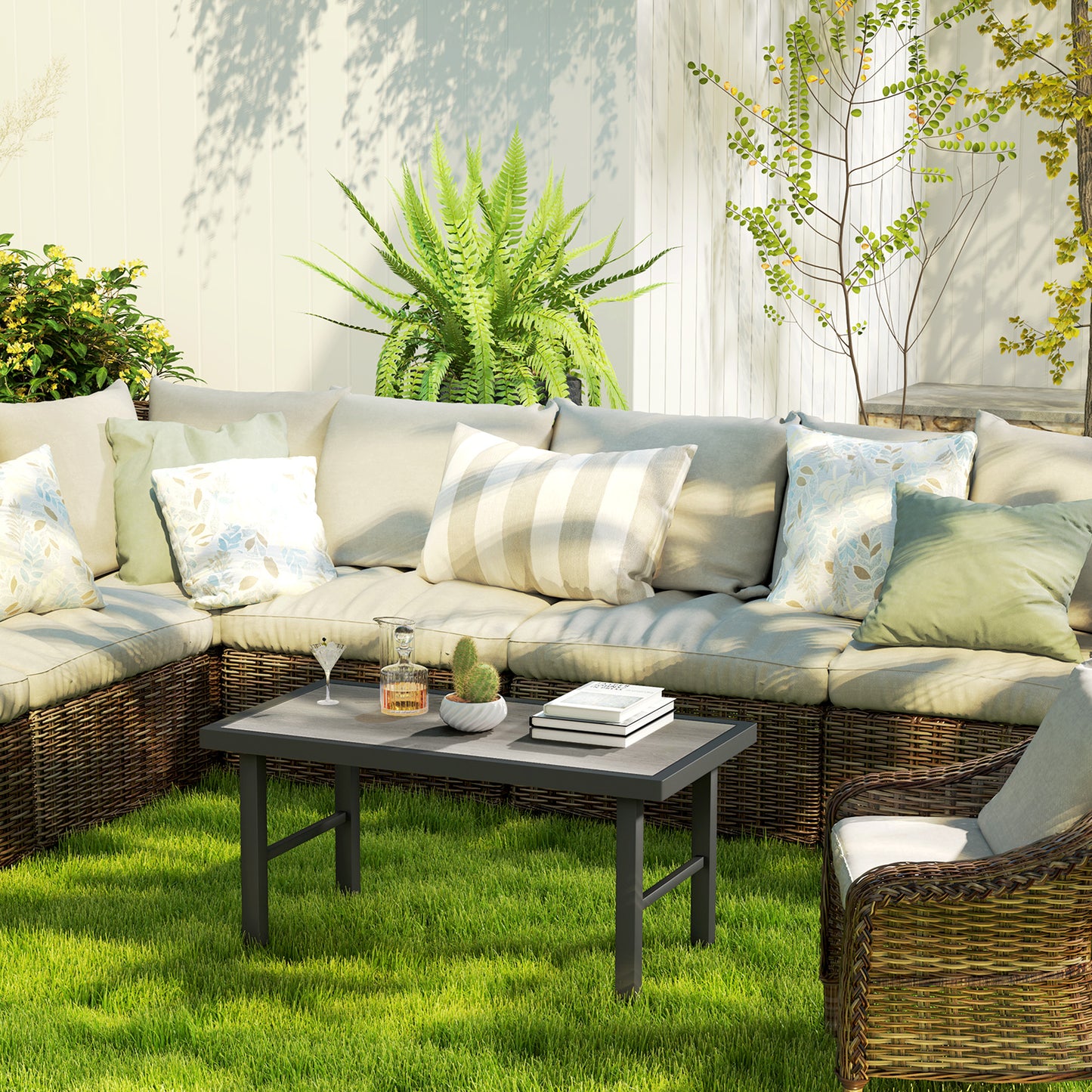 Outdoor Side Table with SPC Woodgrain Tabletop, Metal Patio Coffee Table for Outside Garden, Distressed Grey