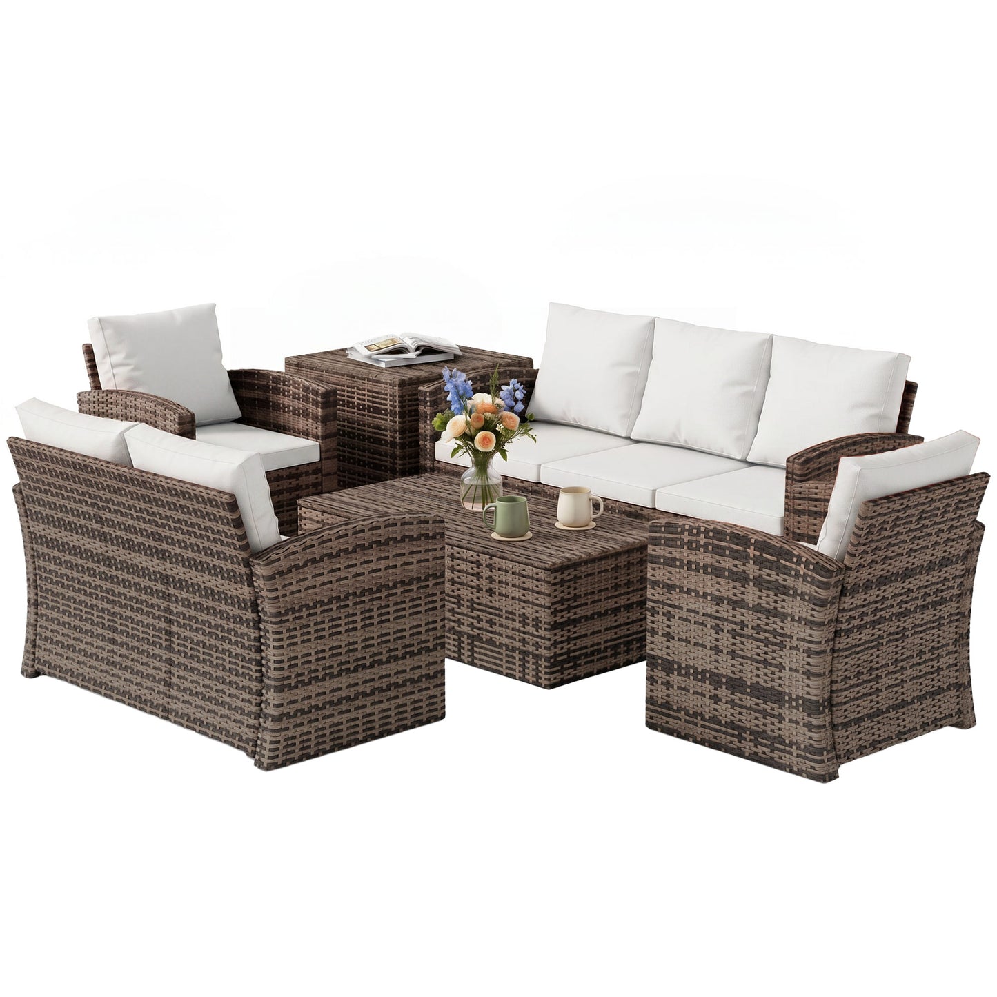 6 Pieces Wicker Patio Furniture Set with Cushions, 7-Seater Rattan Patio Sofa Set with Storage Table, Black