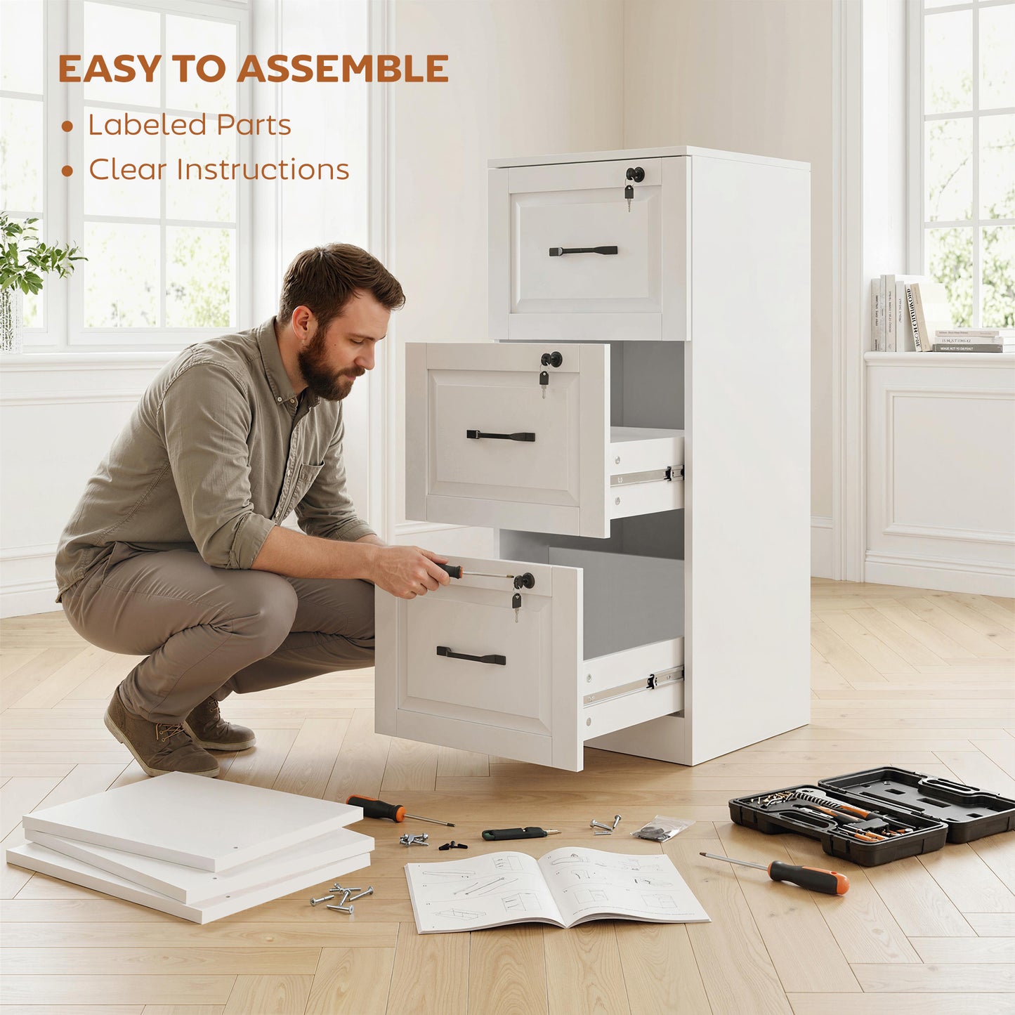 3 Drawer File Cabinet with Lock, Vertical Filing Cabinet with Adjustable Hanging Bars for A4 and Letter Size, White