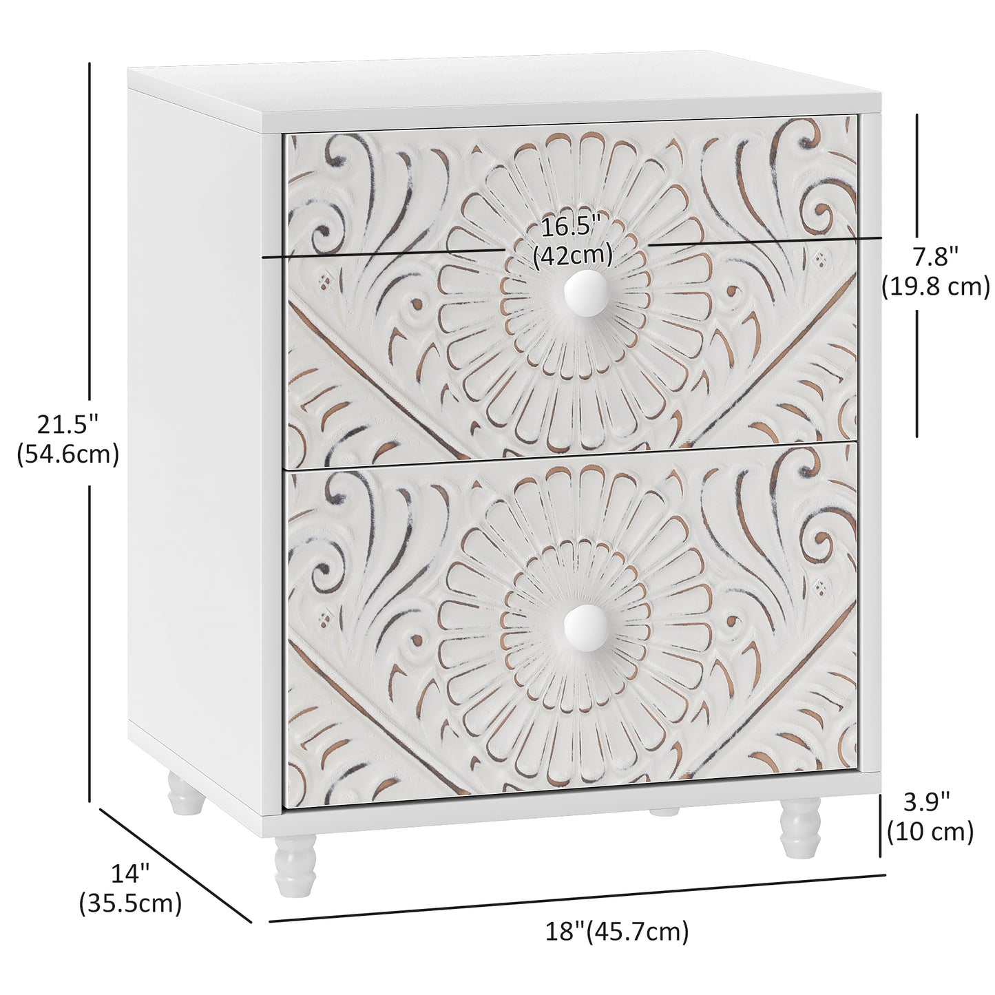 Mid-Century Bedside Table, Nightstand with 2 Drawers, Side End Table for Bedroom, White