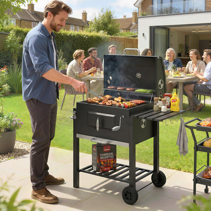 Stainless Steel Charcoal BBQ Trolley with Side Shelf & Wheels