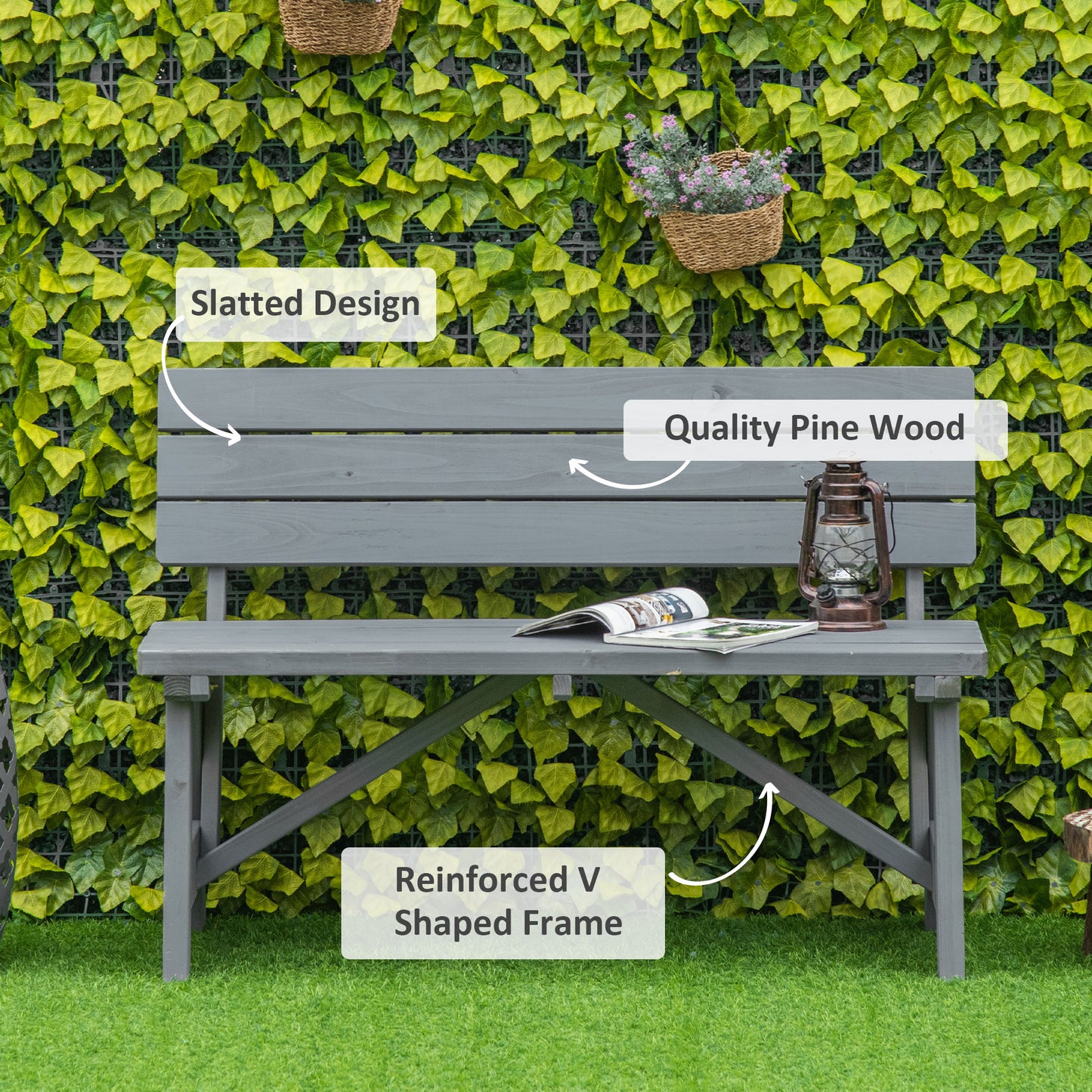 Wooden Garden Bench for Outdoor, 2-person Patio Bench, Loveseat Furniture for Lawn, Deck, Yard, Porch and Entryway, Grey