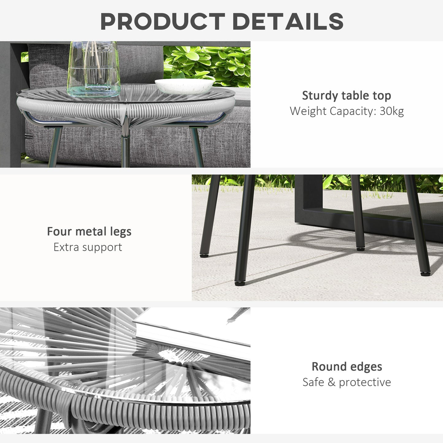Rattan Side Table, Round Outdoor Table, with Round PE Rattan and Tempered Glass Table Top for Patio, Garden, Dark Grey