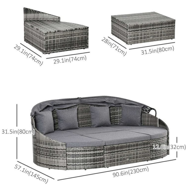 Grey 4-Piece Wicker Round Daybed Lounge Set