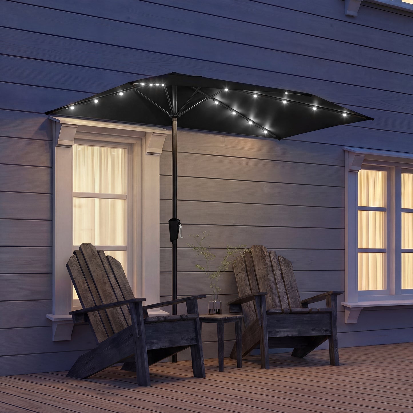 105.1" x 53.5" Black Half Patio Umbrella with Solar LED Lights