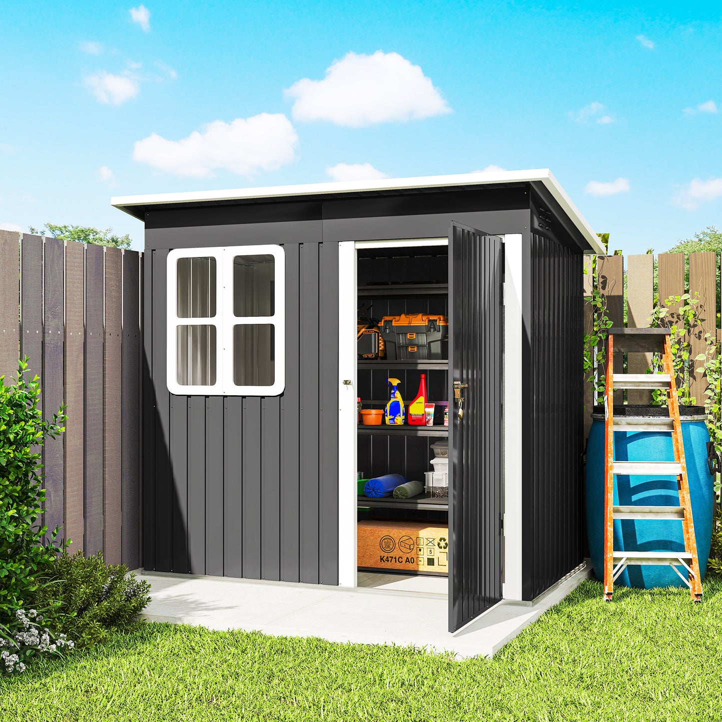 7' x 4' Galvanised Steel Outdoor Storage Shed, Garden Shed with Window, Lockable Wide Door and Air Vents, Dark Grey