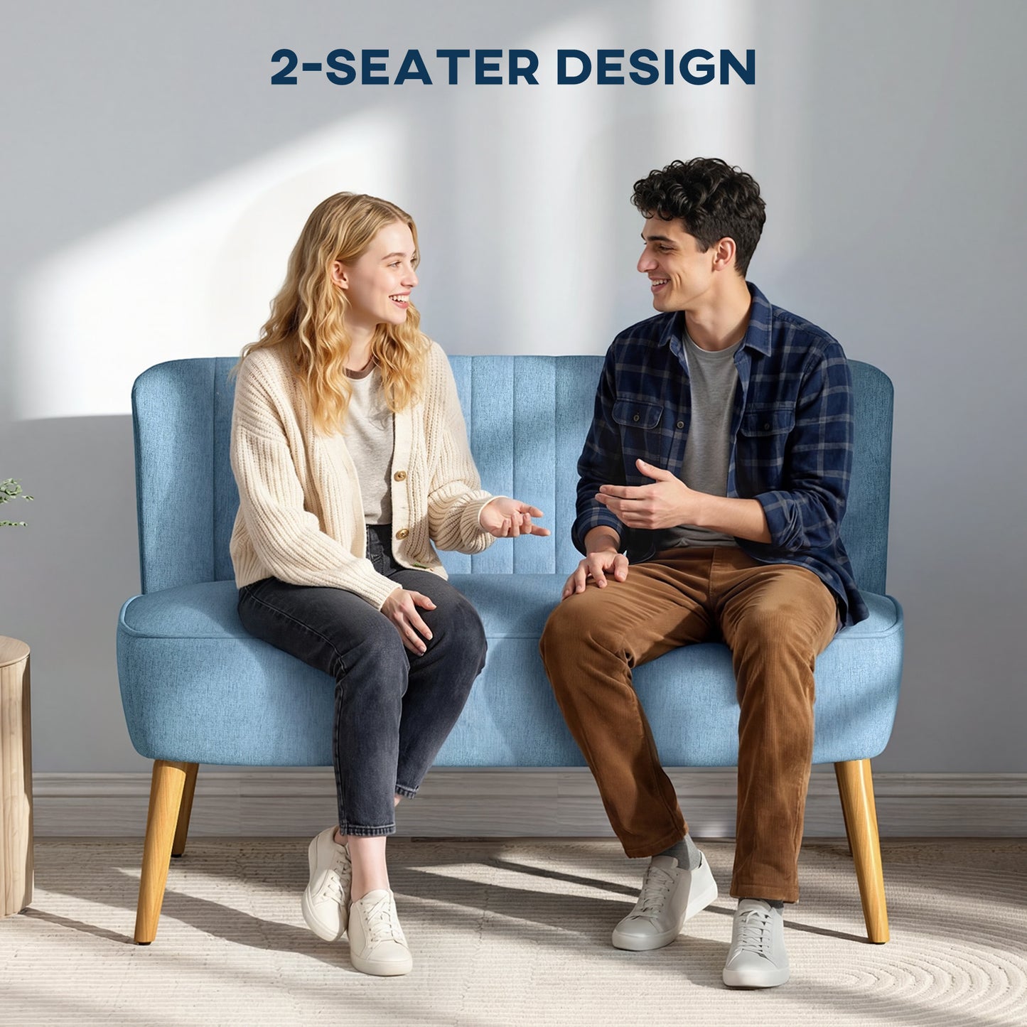 2 Seat Sofa, Upholstered Loveseat Sofa with Rubber Wood Legs, Blue