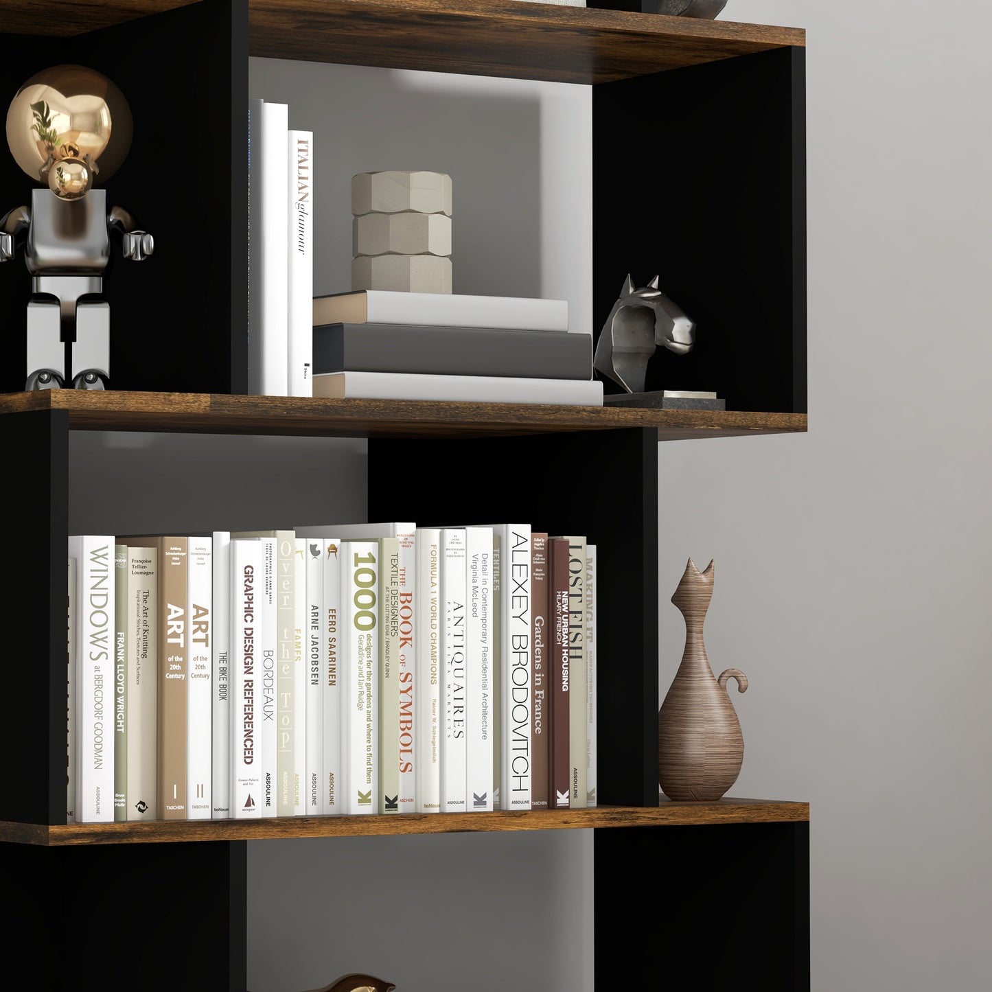 5-Tier Bookshelf, Geometric S-Shaped Bookcase, Tall Narrow Display Shelf for Living Room, Study Room, Rustic Brown