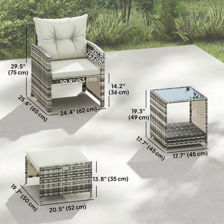 5-Piece Wicker Set with Ottomans & Glass Table - Grey/Cream
