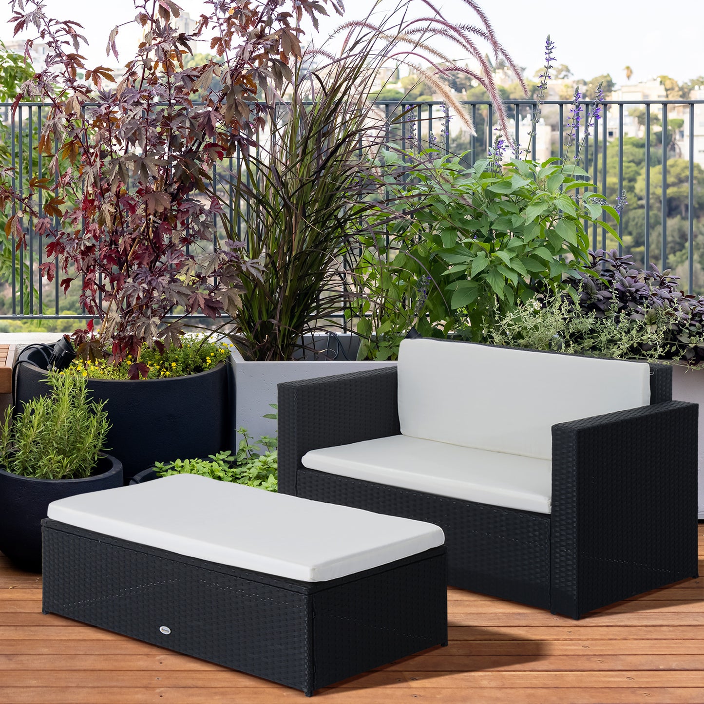 2 Pieces Wicker Patio Furniture Set with Double Ottoman, Outdoor PE Rattan Conversation Set with Loveseat and Two Seat Ottoman, Cream White