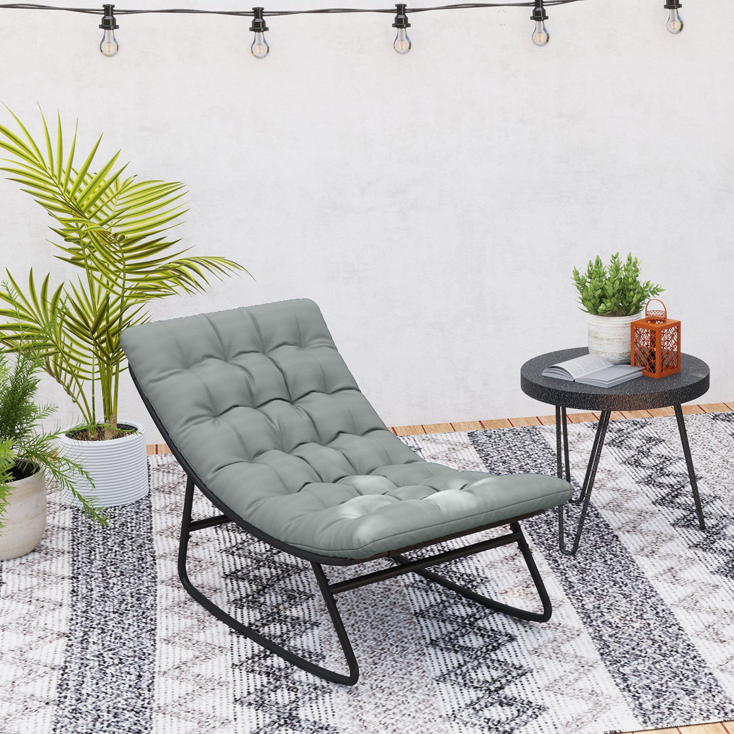 Outdoor Patio Rocking Chair with Cushion, Steel Frame Balcony Chair with Mesh Deep Seat for Porch, Garden, Grey