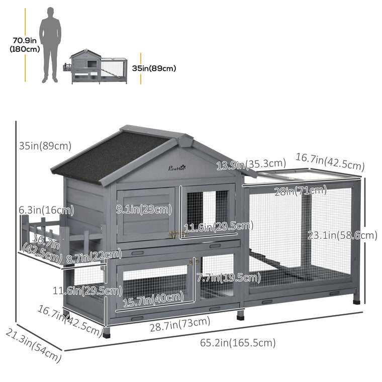 65" Dark Grey Wooden Rabbit Hutch with Openable Roof