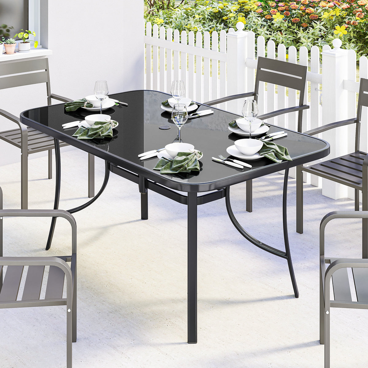 Outdoor Dining Table for 6 with Umbrella Hole, Metal Patio Dining Table with Tempered Glass Top