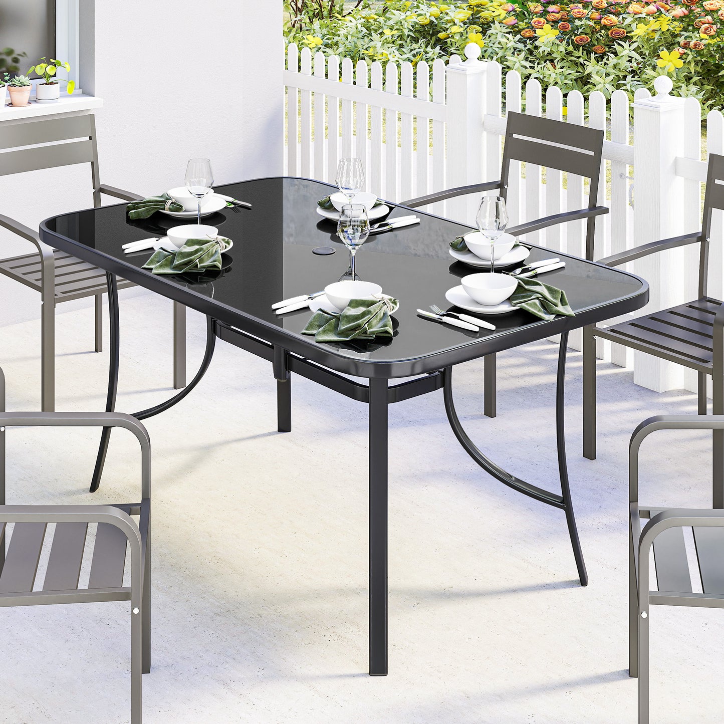 Outdoor Dining Table for 6 with Umbrella Hole, Metal Patio Dining Table with Tempered Glass Top