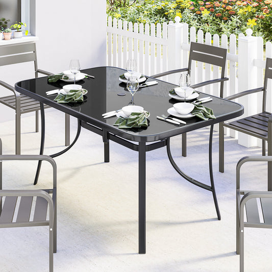 Outdoor Dining Table for 6 with Umbrella Hole, Metal Patio Dining Table with Tempered Glass Top
