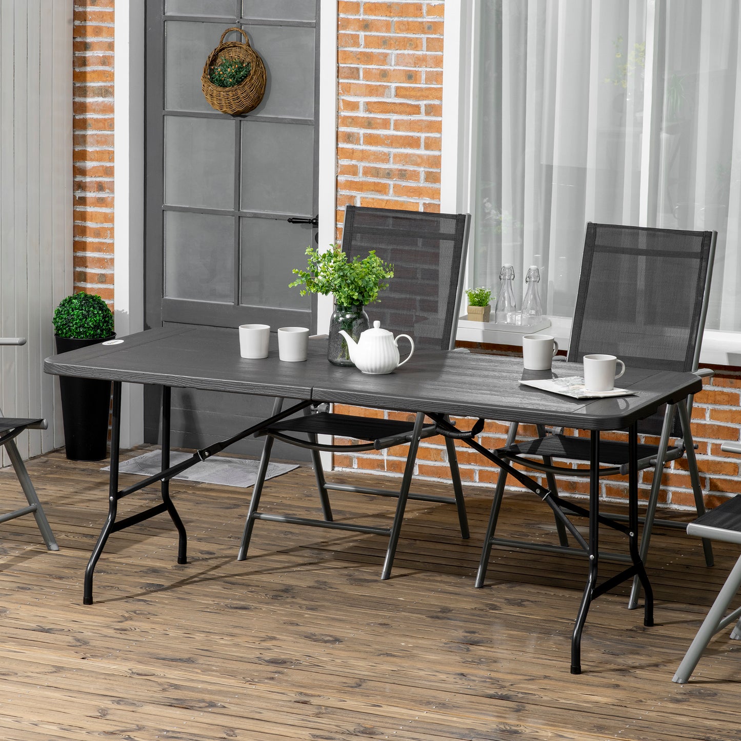 Foldable Patio Dining Table for 6, Rectangular Outdoor Table for Garden Lawn Backyard, Dark Grey
